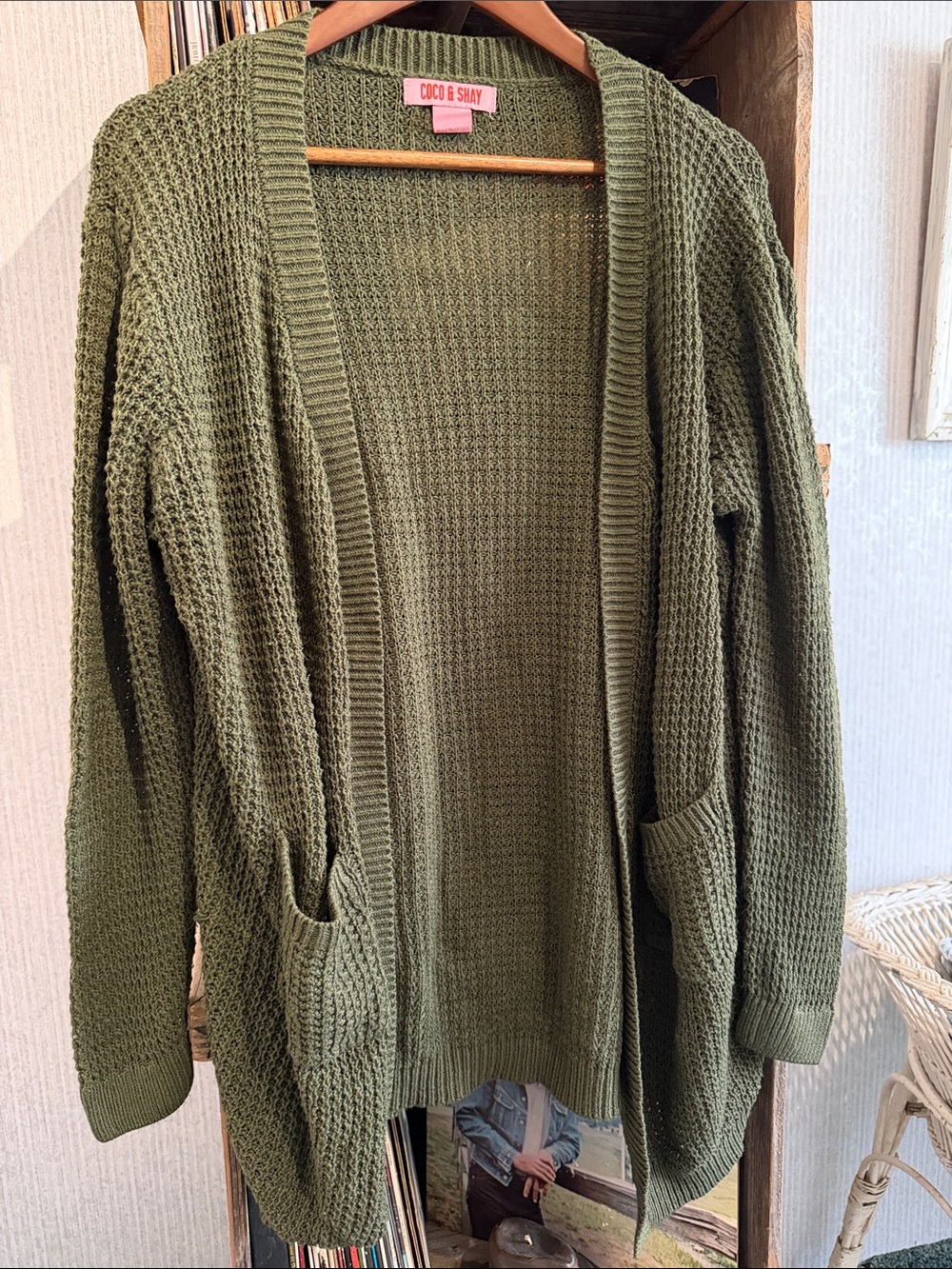 Coco & Shay Olive Open-Front Waffle Cardigan